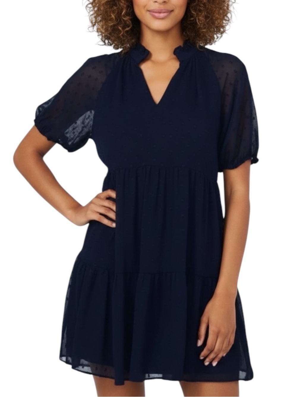 NWT CECE Navy Swiss Dot Short Sleeve Ruffle V-Neck Babydoll Dress Size Large